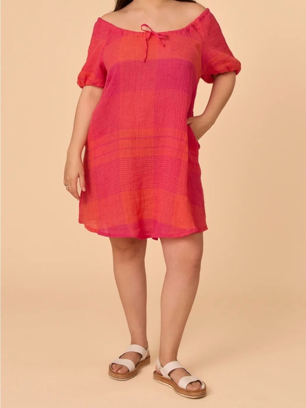 NETTLES TALE Off-Shoulder Pink & Orange Linen Summer Florence Dress